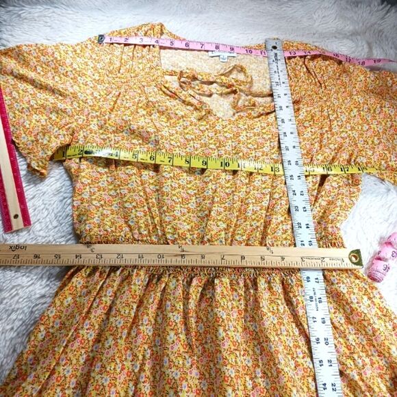 Luxology Yellow Floral Midi Dress Smocked Waist Short Sleeves Womans Large...... - Picture 9 of 10